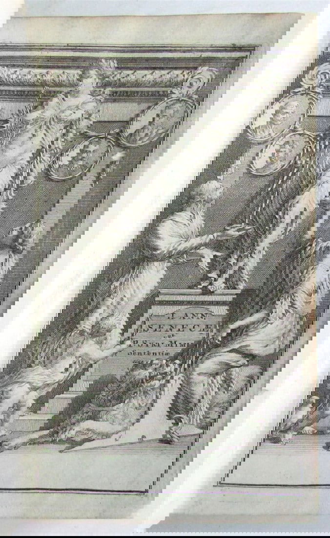 1727 SENECA in LATIN & GREEK antique GILT STAMPED PRIZED VELLUM BINDING - 3