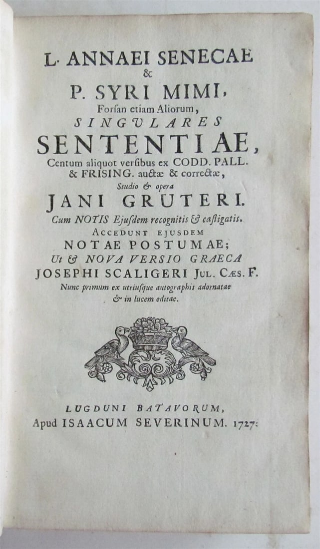 1727 SENECA in LATIN & GREEK antique GILT STAMPED PRIZED VELLUM BINDING - 4