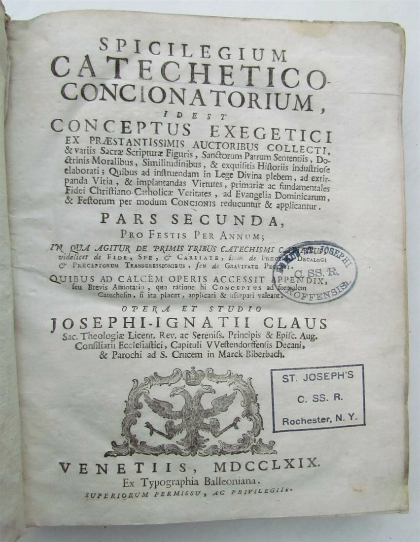 1769 VELLUM BOUND SPICILEGIUM CATECHETICO CONCIONATORIUM by J.CLAUS antique book - 2