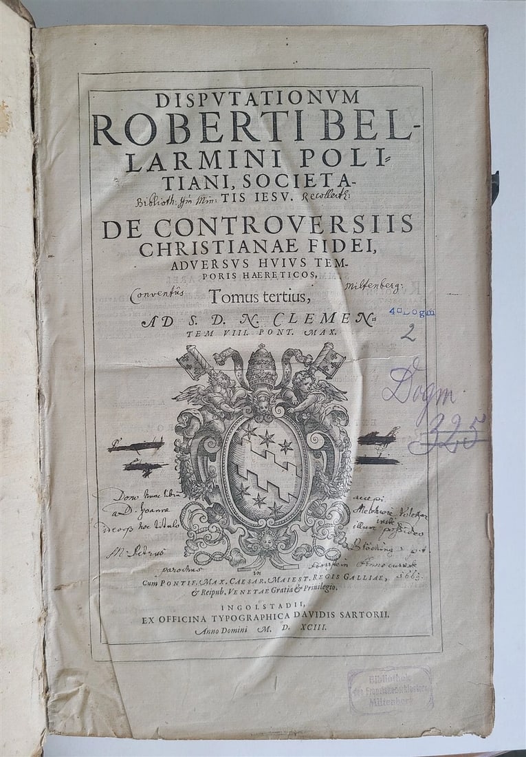 1593 Disputationum Roberti Bellarmini Politiani antique PIGSKIN FOLIO 16th CENT. - 2