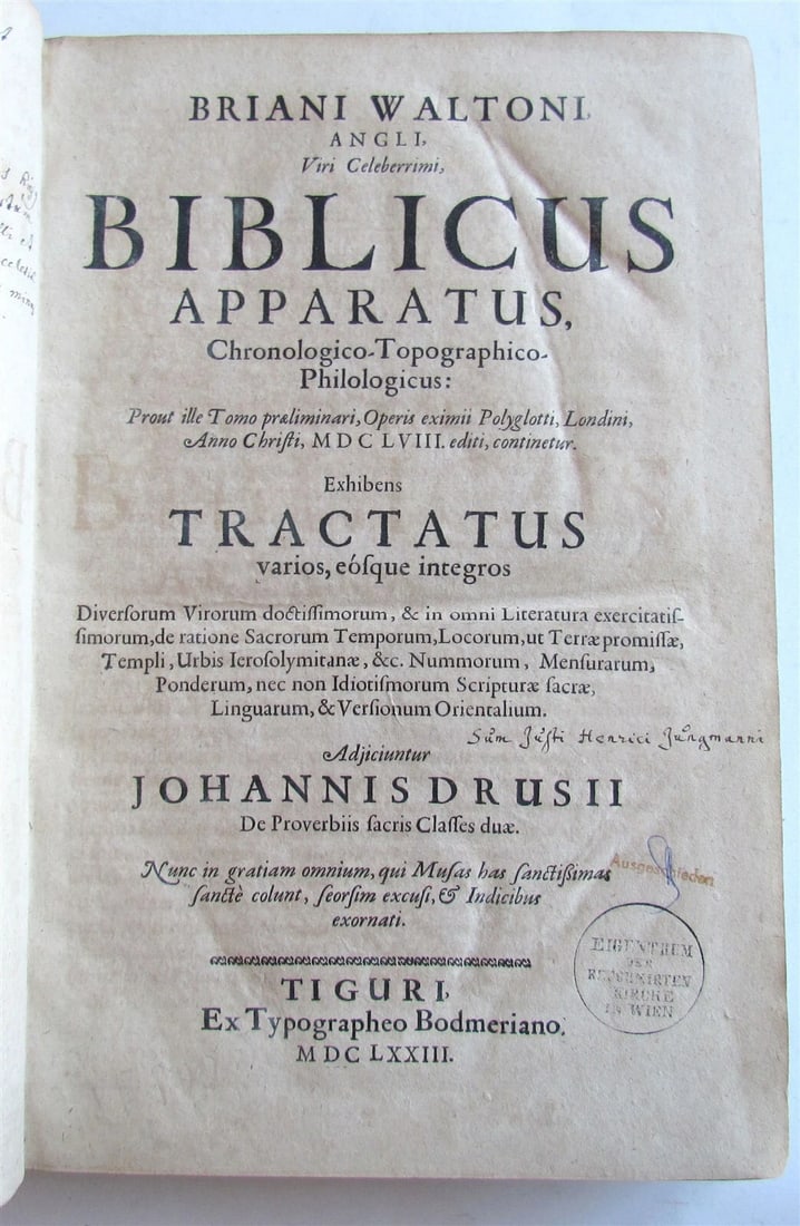 1673 BIBLE COMMENTARY antique VELLUM Biblicus Apparatus Chronology Topography: Title: 1673 BIBLE COMMENTARY antique VELLUM Biblicus Apparatus Chronology Topography Description: [Biblia] Walton, B. Biblicus Apparatus, Chronologico, Topographico, Philologicus (...). Zurich, Ex Typ