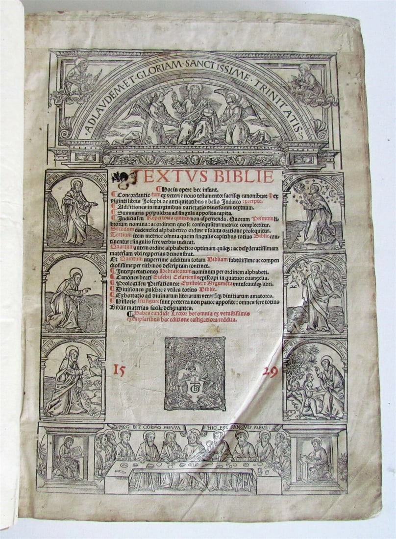 1529 BIBLE ILLUSTRATED TEXTUS BIBLIA antique FOLIO in LATIN RARE 16th CENTURY: Title: 1529 BIBLE ILLUSTRATED TEXTUS BIBLIA antique FOLIO in LATIN RARE 16th CENTURY Description: Textus Biblie. [Lyon: Jean Crespin], 1529. OLD and NEW TESTAMENT Folio: 10 by 14 (355 x 250 mm). Total