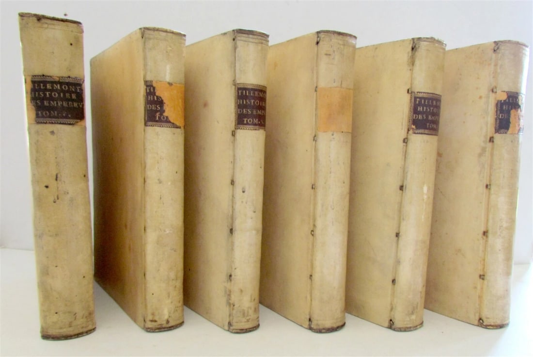 1732 6 VOLUMES HISTORY of EMPERORS & PRINCES VELLUM BINDINGS in FRENCH antique: Title: 1732 6 VOLUMES HISTORY of EMPERORS & PRINCES VELLUM BINDINGS in FRENCH antique Description: Histoire des Empereurs, et des et des autres princes qui ont regne durant les six premiers siecles de