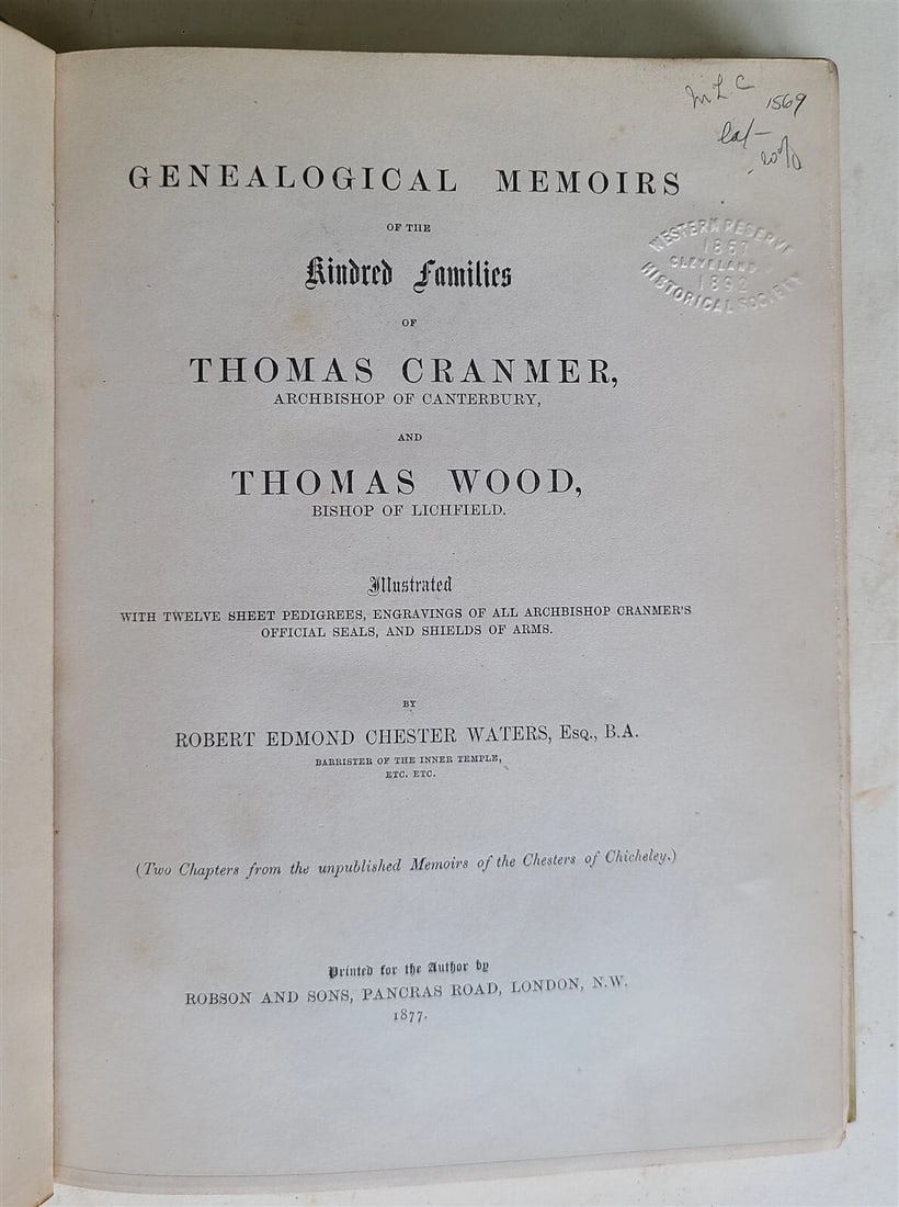1877 GENEALOGICAL MEMOIRS of THOMAS CRANMER & THOMAS WOOD antique VELLUM BOUND - 3