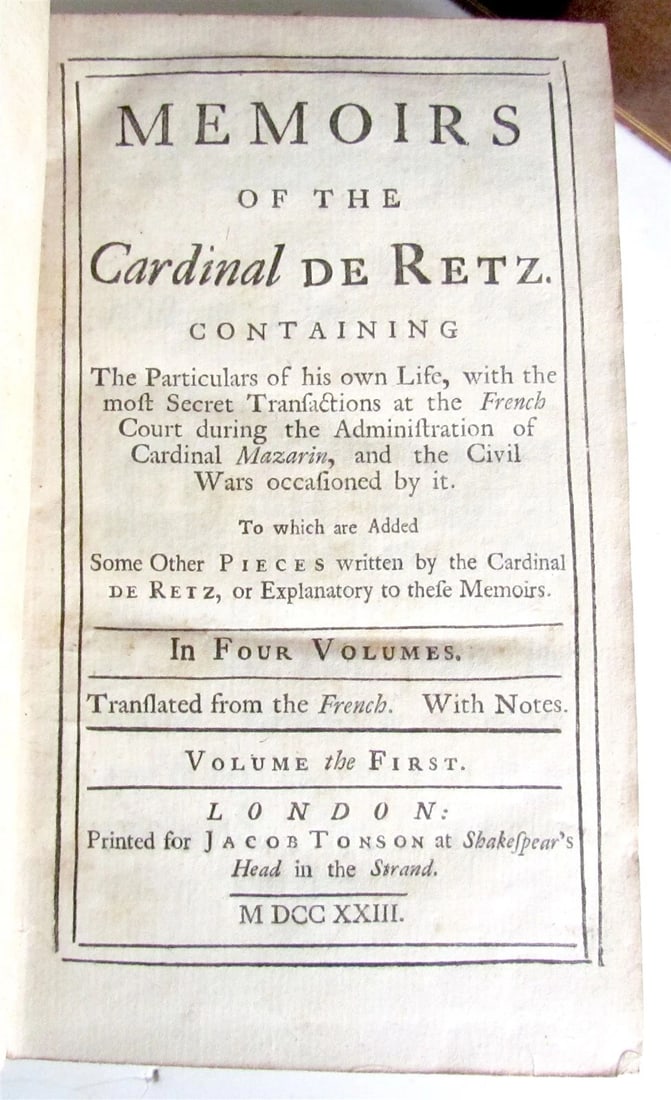 1723 MEMOIRS of the CARDINAL de RETZ 4 VOLUMES COMPLETE SET antique in ENGLISH - 3