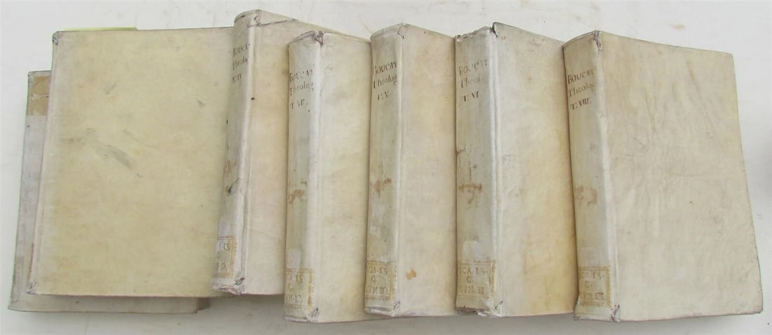 1736 VELLUM BINDING 7 VOLUMES LOT THEOLOGIA PATRUM by ANTONIO BOUCAT ANTIQUE - 2