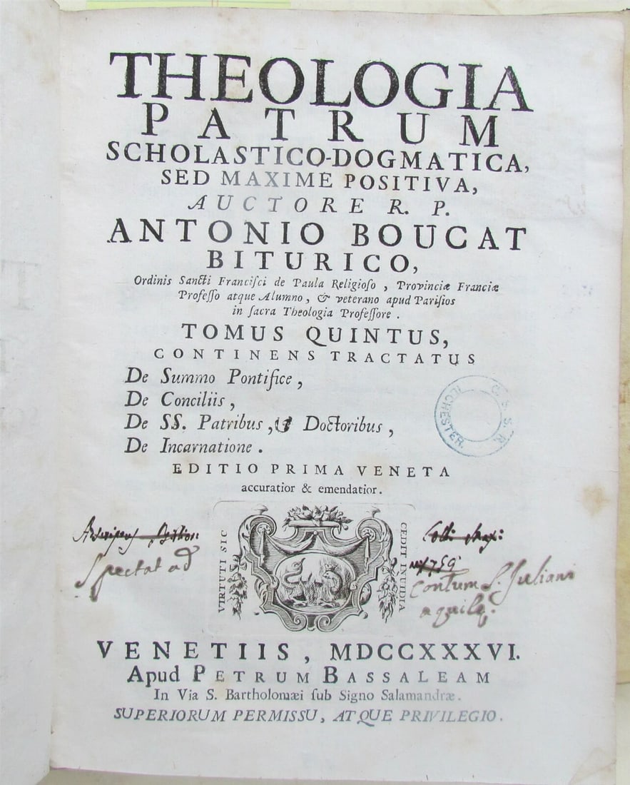 1736 VELLUM BINDING 7 VOLUMES LOT THEOLOGIA PATRUM by ANTONIO BOUCAT ANTIQUE - 7