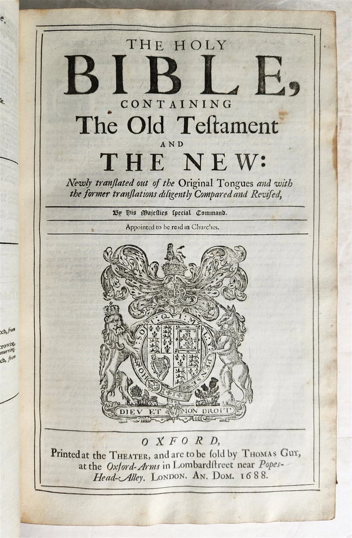 1688 BIBLE in ENGLISH FOLIO antique OLD & NEW TESTAMENT 17th CENTURY Oxford: Title: 1688 BIBLE in ENGLISH FOLIO antique OLD & NEW TESTAMENT 17th CENTURY Oxford Description: The Book of Common Prayer. Oxford, at the Theatre, 1688 (repair to the bottom margin of the title page).