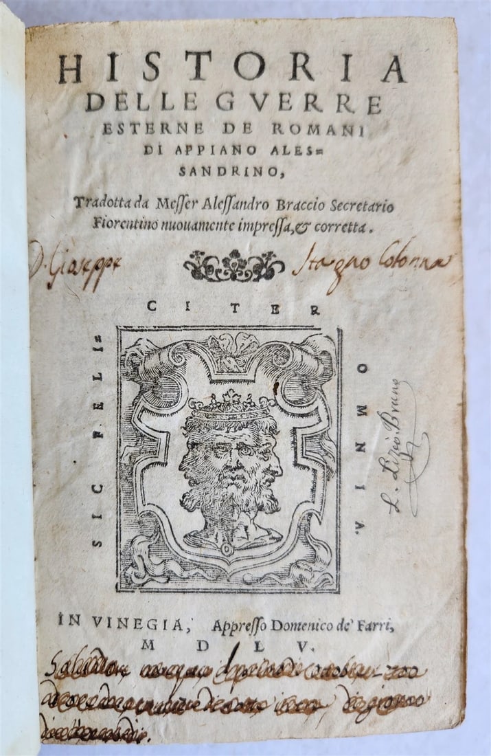 1555 ROMAN HISTORY by APPIAN antique Historia delle guerre esterne de romani: Title: 1555 ROMAN HISTORY by APPIAN antique Historia delle guerre esterne de romani Description: Historia delle guerre esterne de romani. Venice, De Farri ; 1555 277, 190 leaves. 19th century half lea