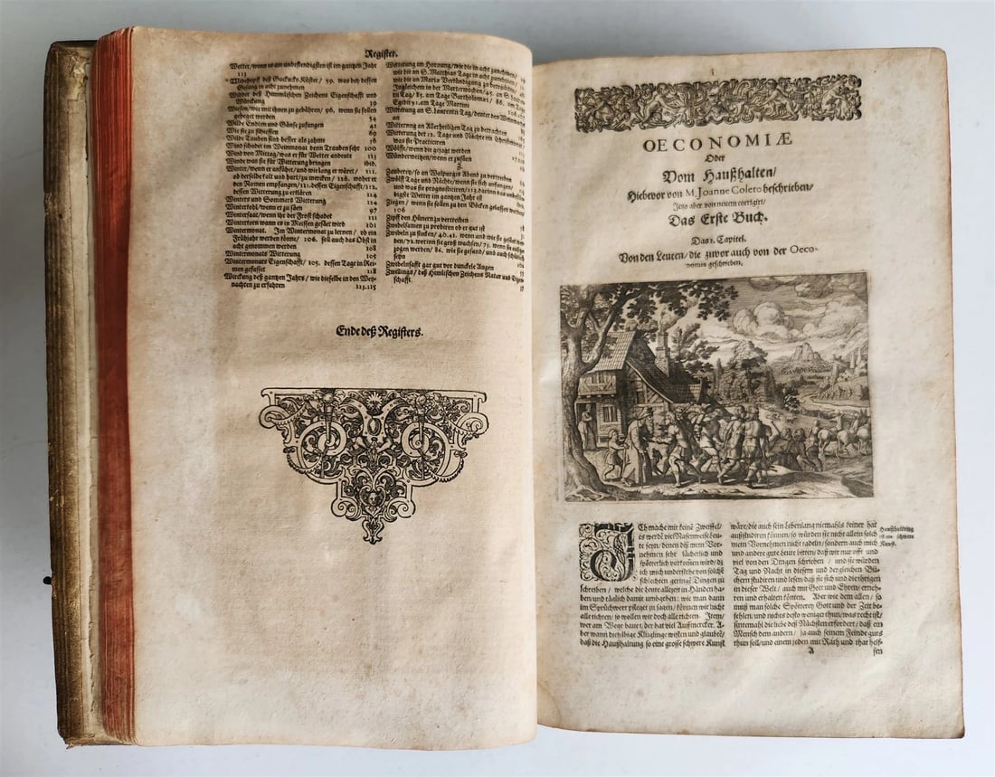 1665 OECONOMIA ILLUSTRATED antique hunting fishing livestock breeding PIGSKIN - 7