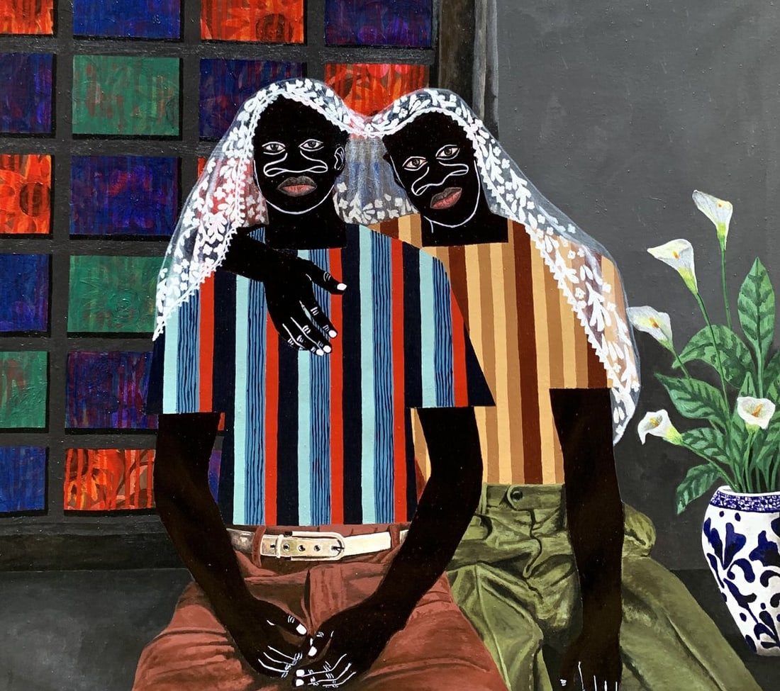 Acrylic painting Under one Blanket Akintomide Akinshola: Title: Acrylic painting Under one Blanket Akintomide Akinshola Description: No.Akins 6The veil becomes both a symbol of concealment and revelation, reminding us that even in difficult times, we carry