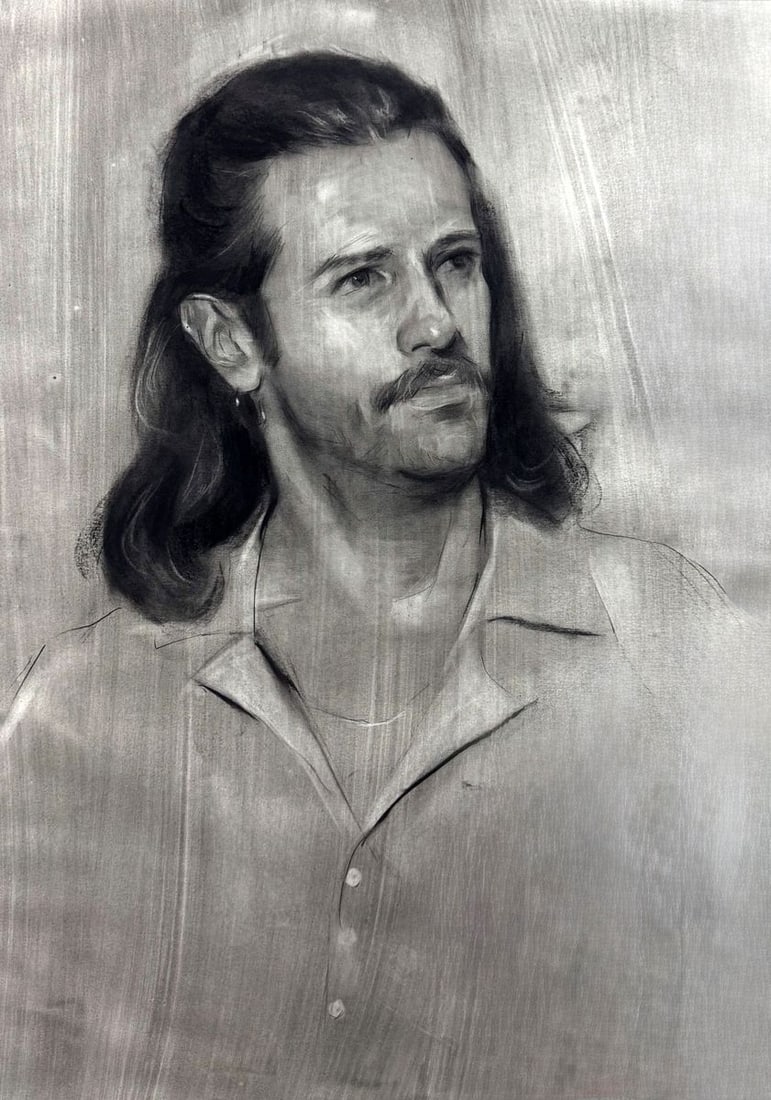 Charcoal painting Portrait of Alessio Annam Butt: Title: Charcoal painting Portrait of Alessio Annam Butt Description: No.Butt 10Drawn in charcoal and Russian sauce, Alessio’s likeness is carved through tonal honesty. *** ABOUT THIS PAINTING *** *