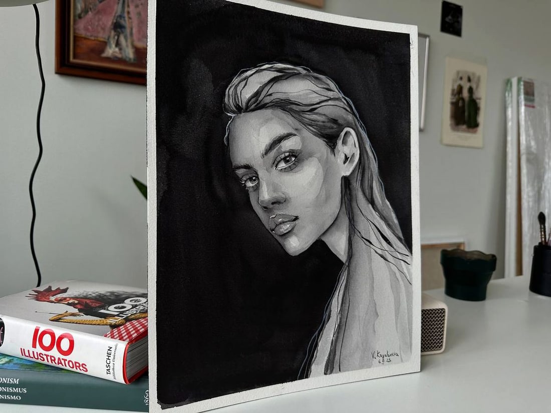 Watercolor painting Black and White Victoria Kagalovska - 6