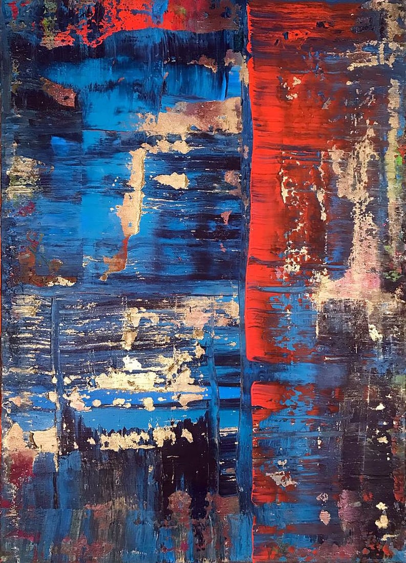Acrylic painting Pleasure Olga Melezhik: Title: Acrylic painting Pleasure Olga Melezhik Description: No.Mel 86In "Pleasure," Olga Melezhik employs bold shades of blue and red, layered with hints of gold, to evoke a feeling of indulgence and