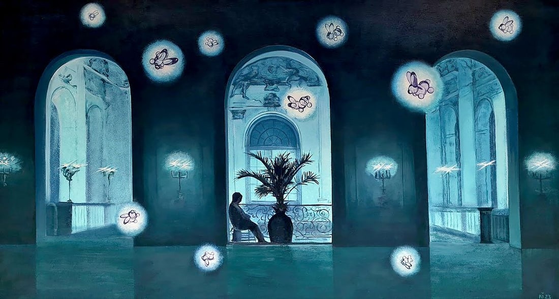 Oil painting White noise Igor Konovalov: Title: Oil painting White noise Igor Konovalov Description: No.Kon 108The painting "White Noise" by Ukrainian artist Igor Konovalov offers a hauntingly beautiful and ethereal scene set in an architect