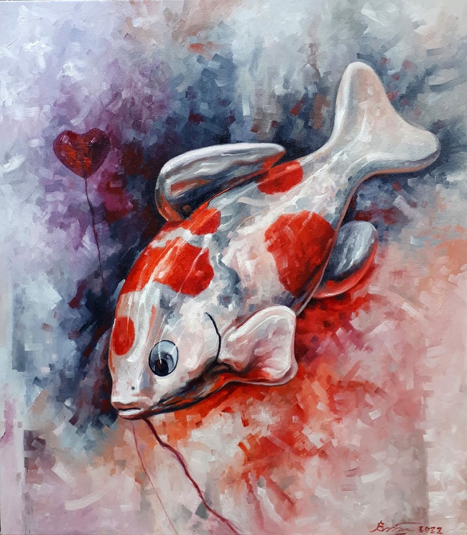 Oil painting Air berth Sergey Voichenko: Title: Oil painting Air berth Sergey Voichenko Description: No.Voich 72This abstract oil painting, titled "Air Berth," presents a surreal and whimsical depiction of a koi fish suspended in an airy, dr