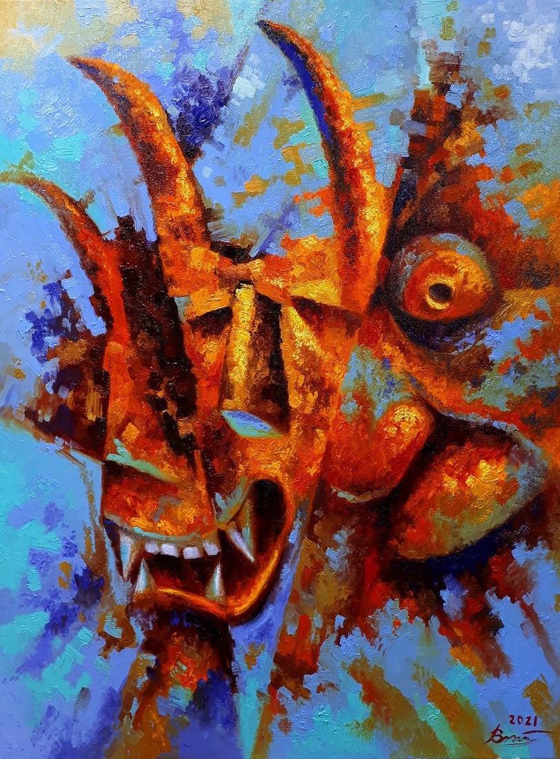 Oil painting Orange demons Sergey Voichenko: Title: Oil painting Orange demons Sergey Voichenko Description: No.Voich 74This oil painting, titled "Orange Demons," is a vibrant abstract composition that evokes the fiery essence of mythical