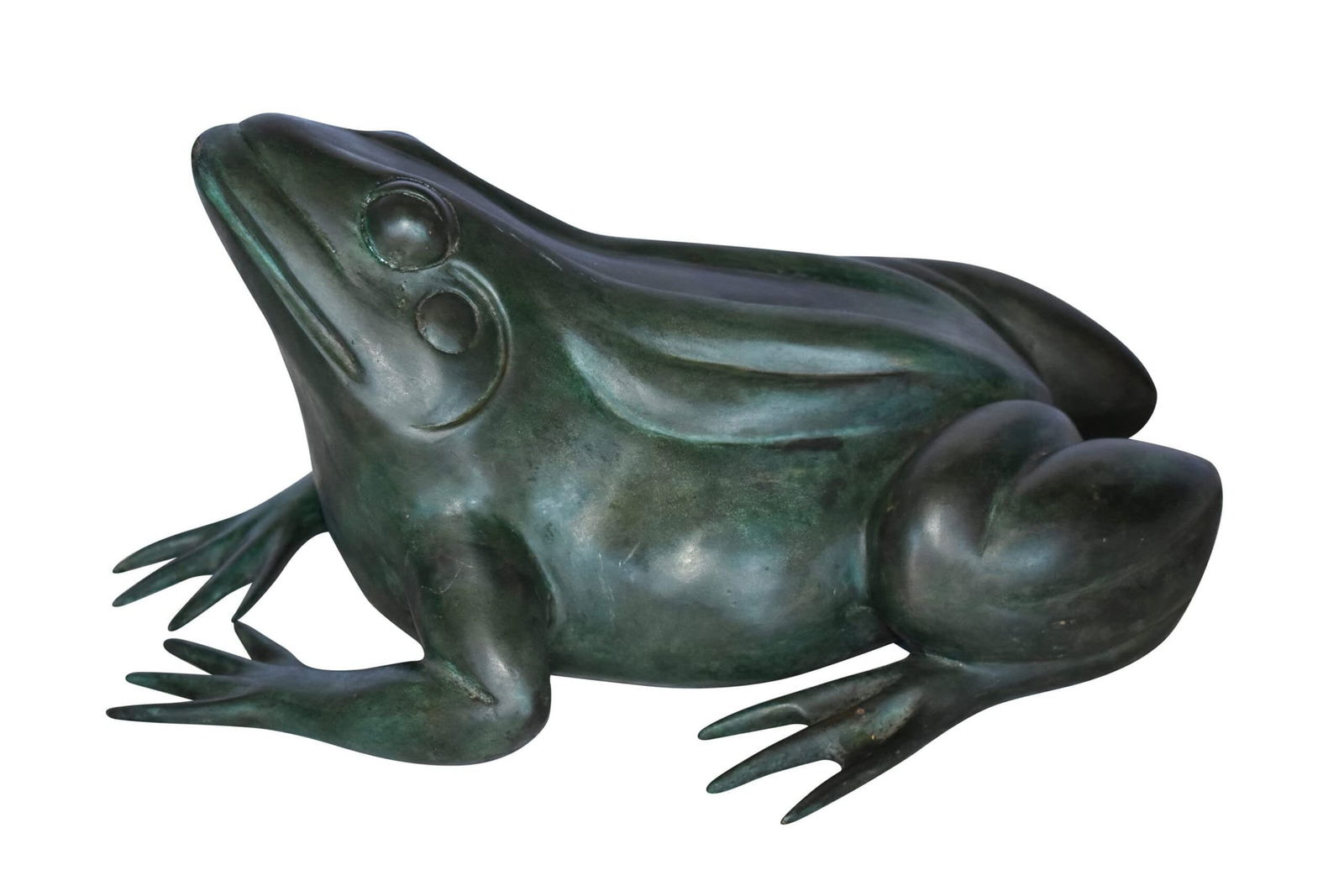 Croaking Frog Bronze Statue in Green Patina Fountain Size: 15" x 10" x 7"H: Title:Croaking Frog Bronze Statue in Green Patina Fountain Size: 15" x 10" x 7"HDescription:When you see this comical, piped bronze, frog statue seemingly jumping right out of the pond, it might just