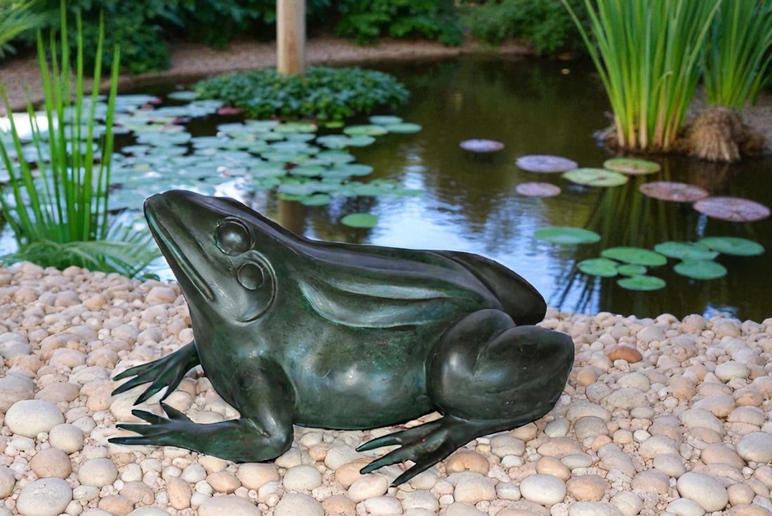 Croaking Frog Bronze Statue in Green Patina Fountain Size: 15" x 10" x 7"H - 2