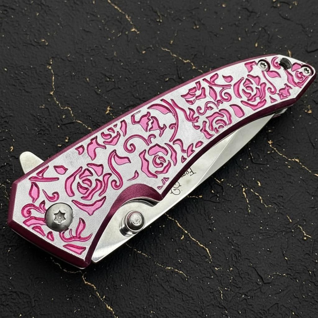 Femme Fatale Pink Rose Spring Assisted Pocket Knife 7" Folding Design for Women - 2