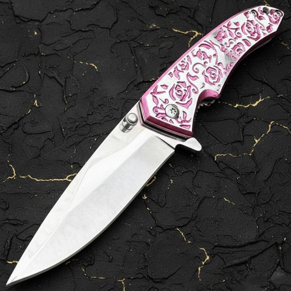 Femme Fatale Pink Rose Spring Assisted Pocket Knife 7" Folding Design for Women - 3