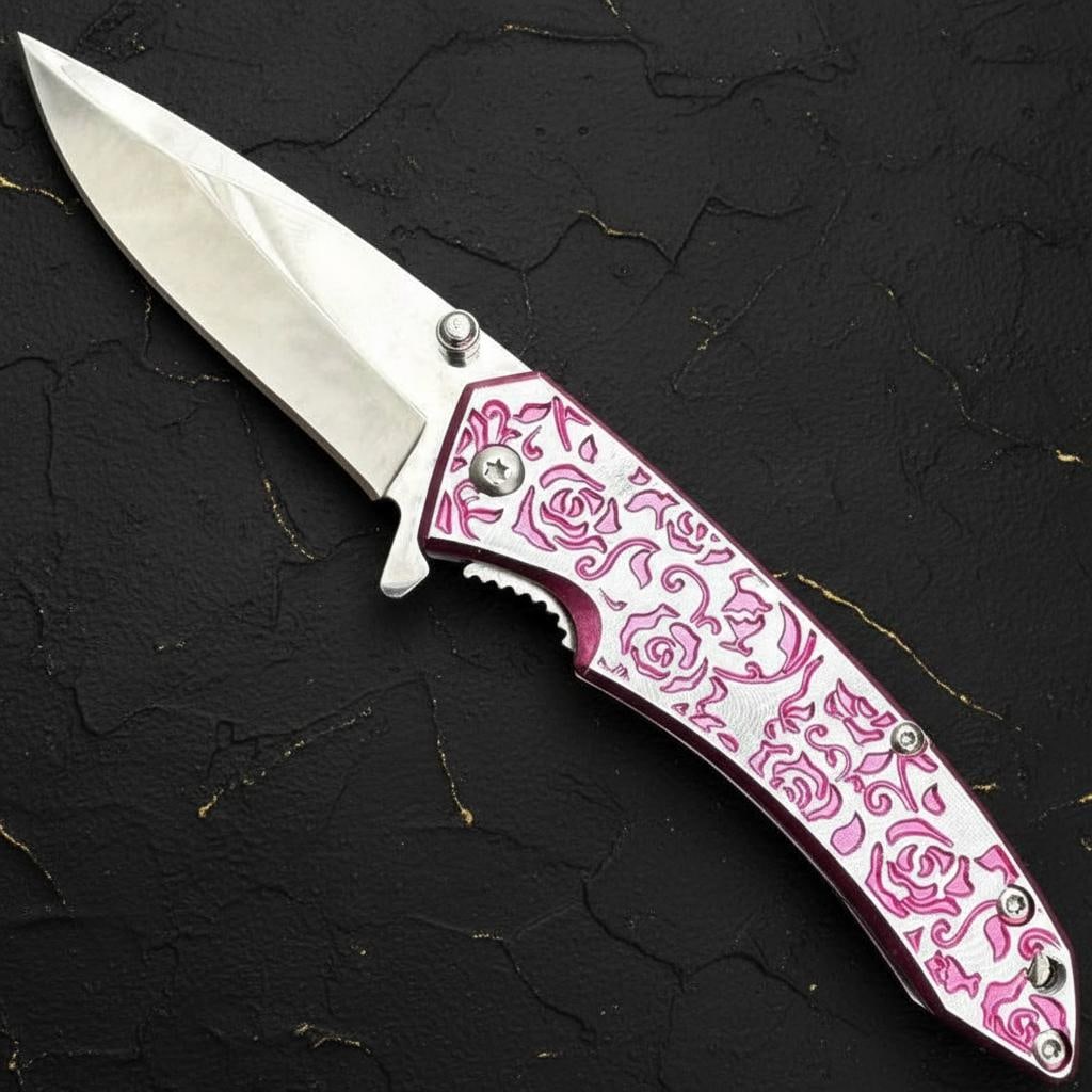 Femme Fatale Pink Rose Spring Assisted Pocket Knife 7" Folding Design for Women - 4