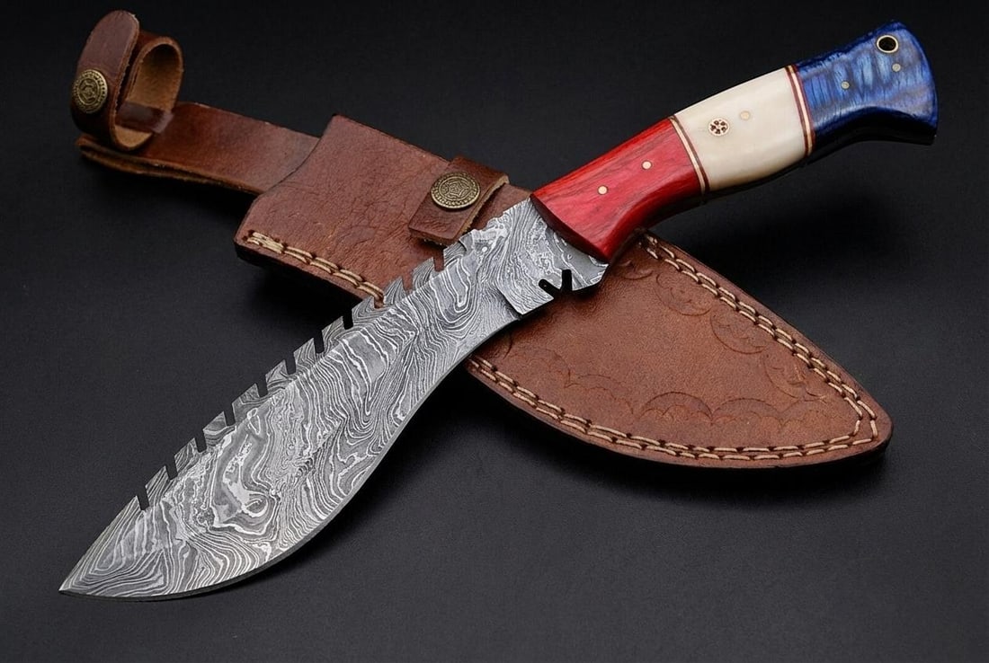 Hand Forged Damascus Steel Kukri Knife 12" Hunting Blade with Bone Handle: Title:Hand Forged Damascus Steel Kukri Knife 12" Hunting Blade with Bone Handle Description:This listing is for a custom, hand-forged Kukri knife featuring a distinctive Damascus steel blade and a gen