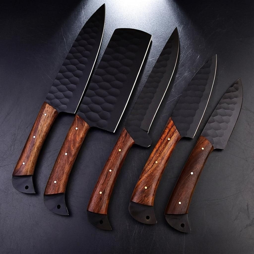 Handmade Hammered D2 Steel Chef Knife Set - 5 Piece Full Tang Kitchen Knives - 4