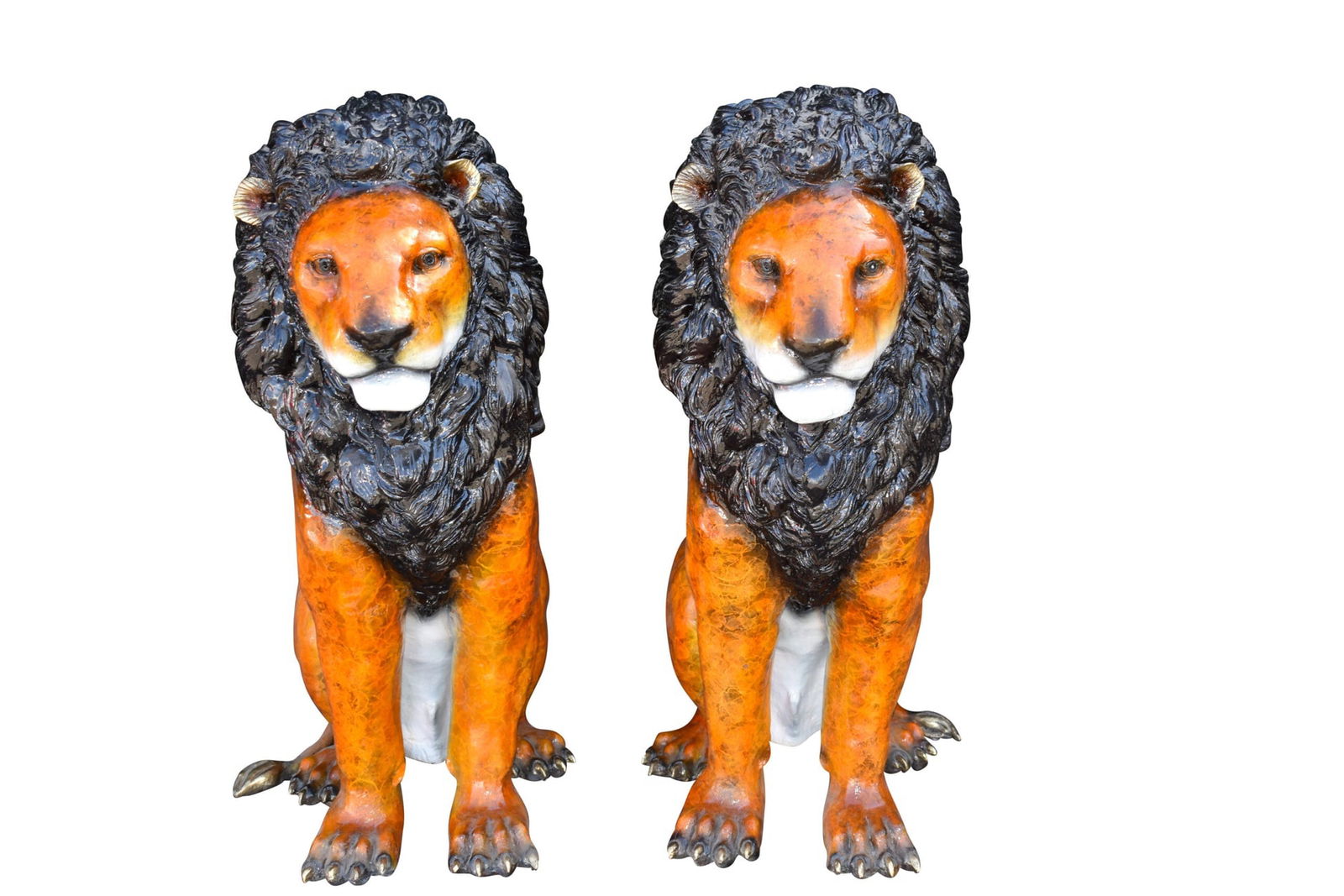 Pair Of Colored Standing Lions Made of Bronze Statue Size: 29" x 44" x 41"H: Title:Pair Of Colored Standing Lions Made of Bronze Statue Size: 29" x 44" x 41"HDescription:These two large size lions are pridefully standing, looking at their kingdom and growling. Their gorgeous