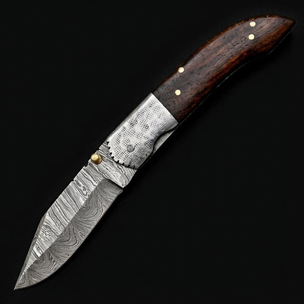 Hand Forged Damascus Steel Folding Pocket Knife with Wood Handle | Twist Pattern: Title:Hand Forged Damascus Steel Folding Pocket Knife with Wood Handle | Twist PatternDescription:This is a hand-forged folding pocket knife featuring a distinctive Damascus steel blade. The blade is