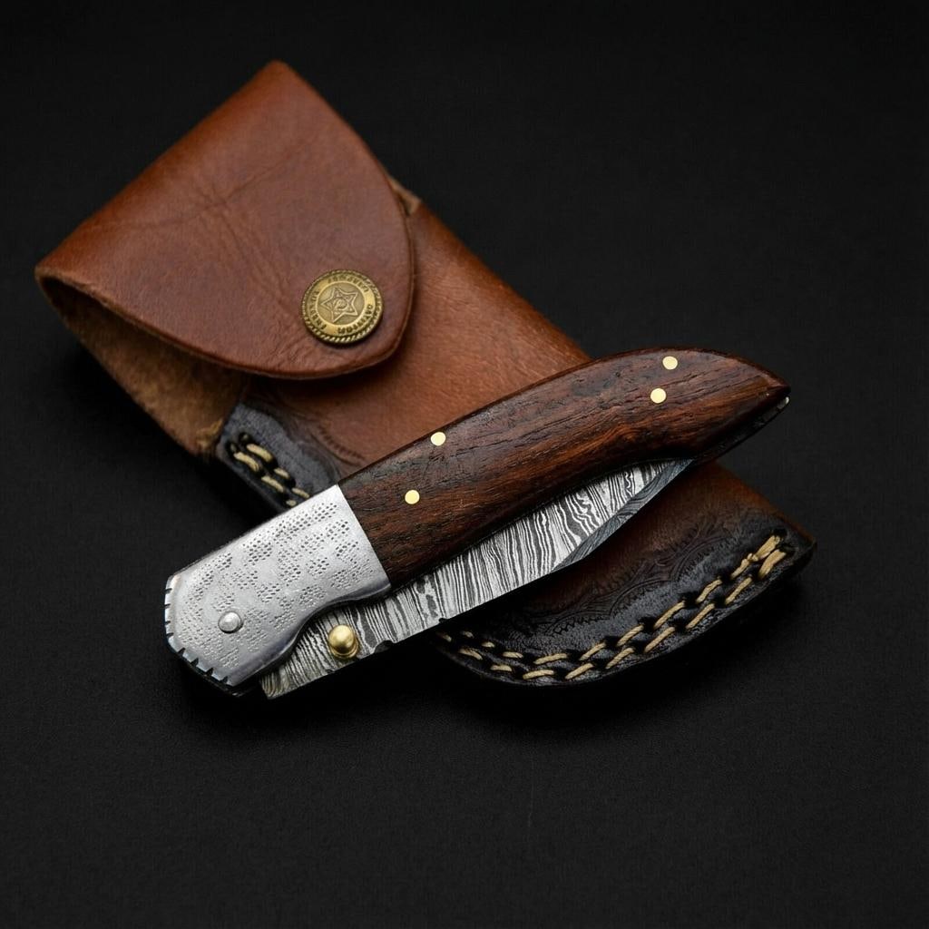 Hand Forged Damascus Steel Folding Pocket Knife with Wood Handle | Twist Pattern - 2