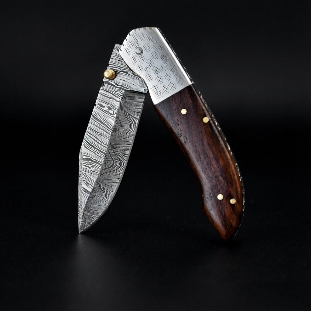 Hand Forged Damascus Steel Folding Pocket Knife with Wood Handle | Twist Pattern - 3