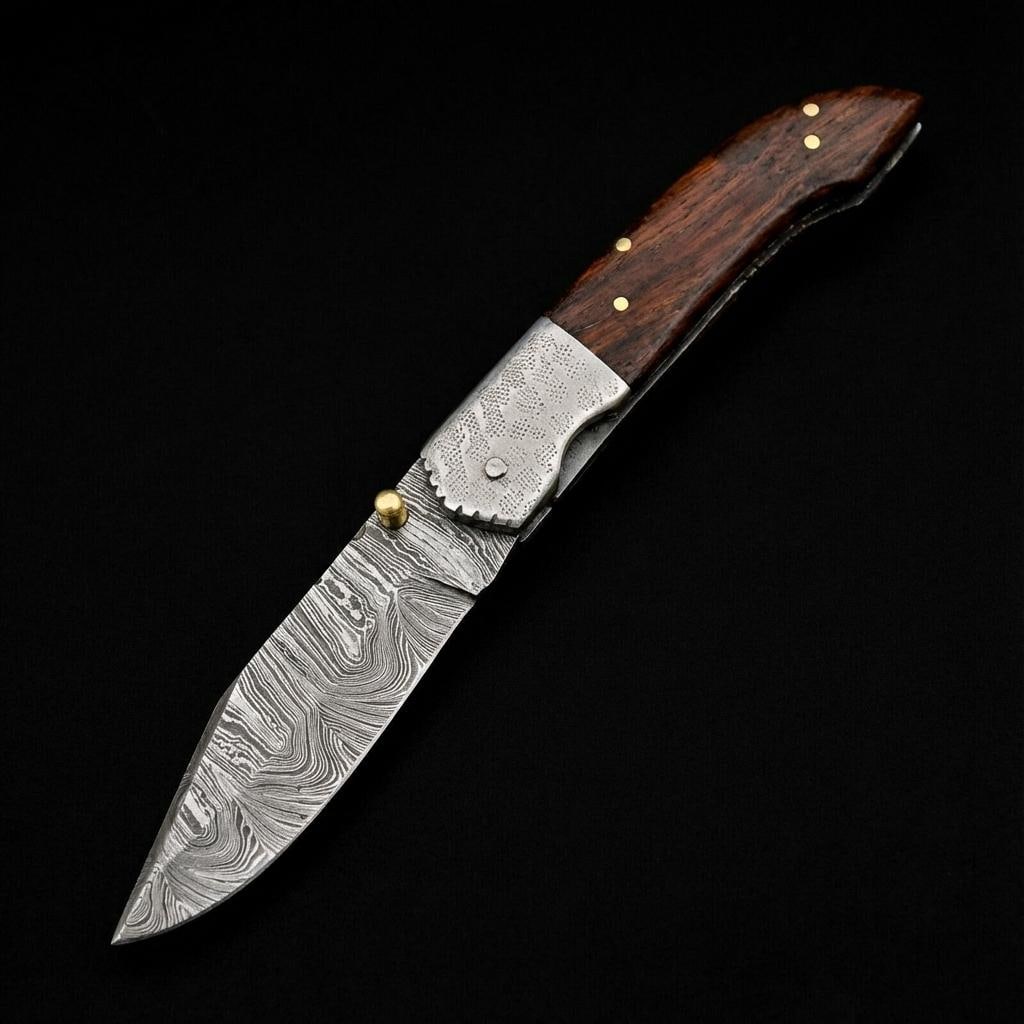Hand Forged Damascus Steel Folding Pocket Knife with Wood Handle | Twist Pattern - 5