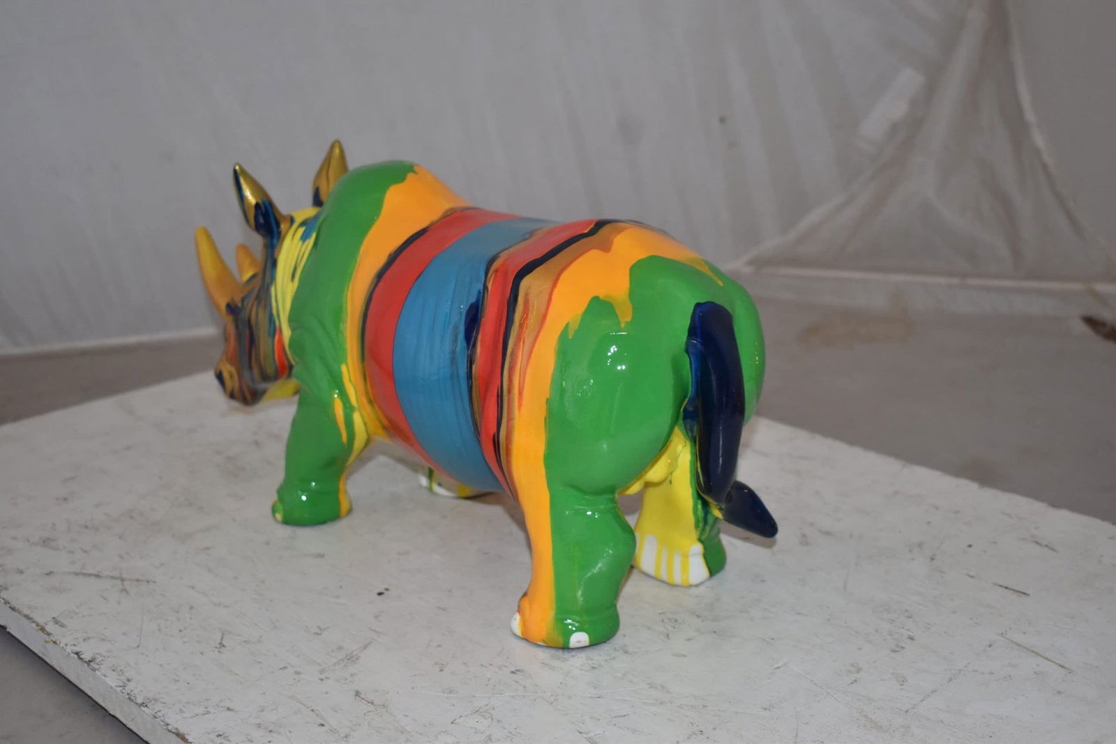 Multicolor Striped Rhino Resin Statue Size: 20" x 6" x 9"H - 10