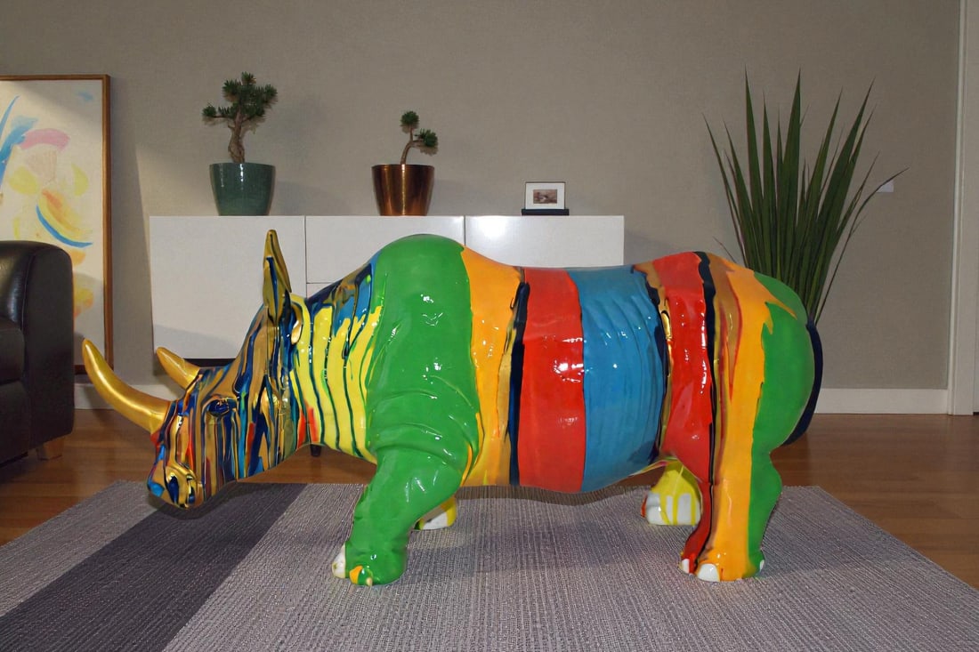 Multicolor Striped Rhino Resin Statue Size: 20" x 6" x 9"H - 2