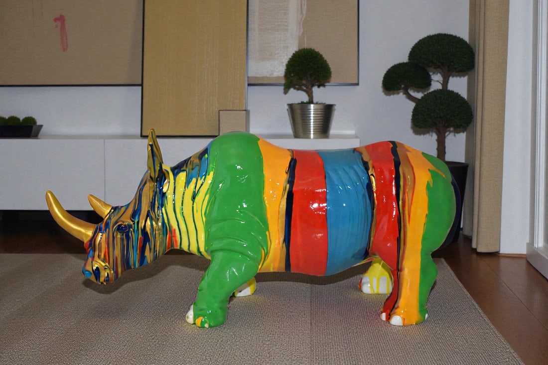 Multicolor Striped Rhino Resin Statue Size: 20" x 6" x 9"H - 3