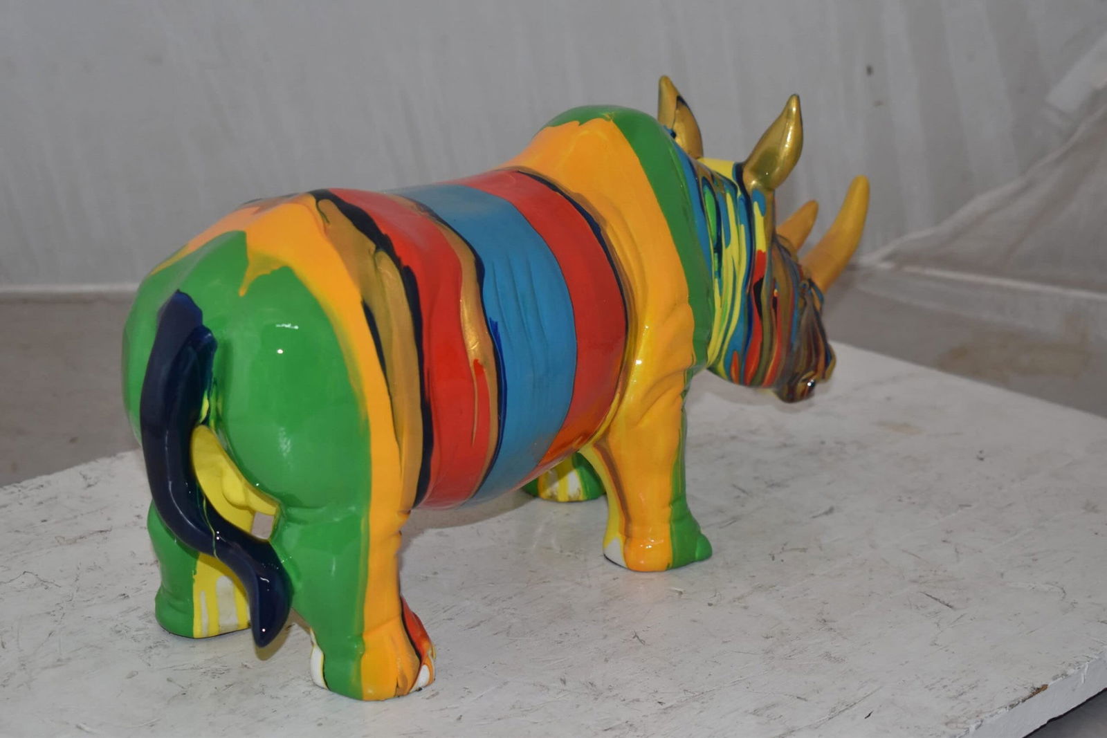 Multicolor Striped Rhino Resin Statue Size: 20" x 6" x 9"H - 8