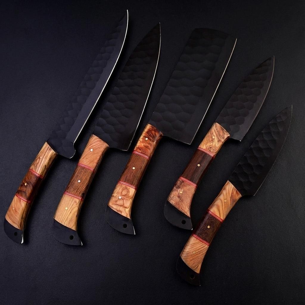 Handmade Hammered D2 Steel Chef Knife Set - 5 Piece Full Tang Kitchen Knives - 2