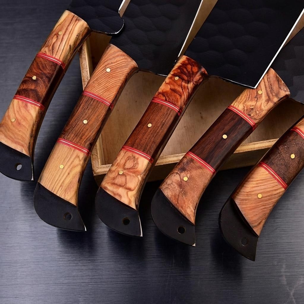 Handmade Hammered D2 Steel Chef Knife Set - 5 Piece Full Tang Kitchen Knives - 3