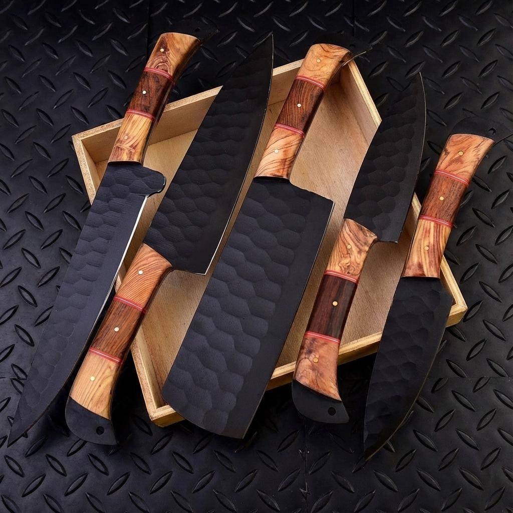 Handmade Hammered D2 Steel Chef Knife Set - 5 Piece Full Tang Kitchen Knives - 5
