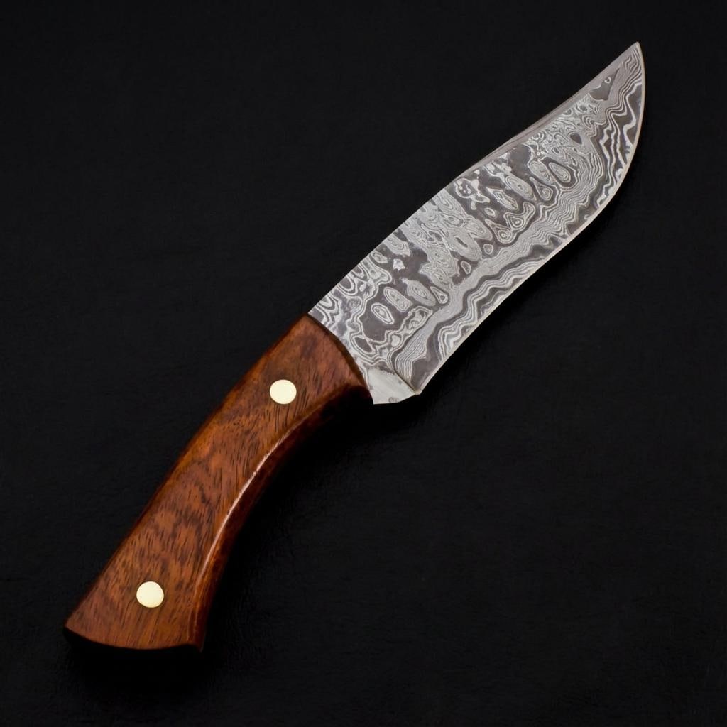 9" Damascus Steel Skinner Hunting Knife - Handmade, Rose Wood Handle, Leather Sheath - 5