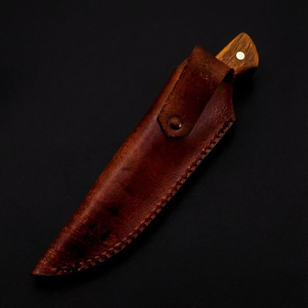 9" Damascus Steel Skinner Hunting Knife - Handmade, Rose Wood Handle, Leather Sheath - 7