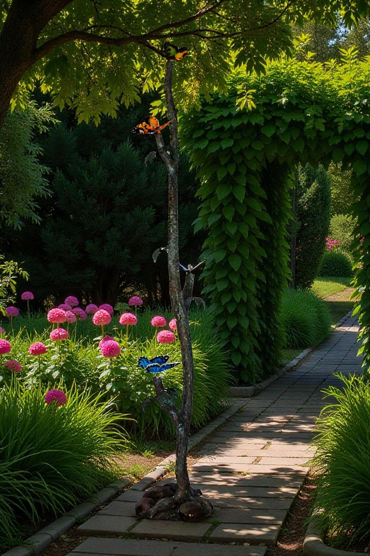 Four Butterflies on A Tree Branch Bronze Statue Size: 7" x 9" x 50"H - 2