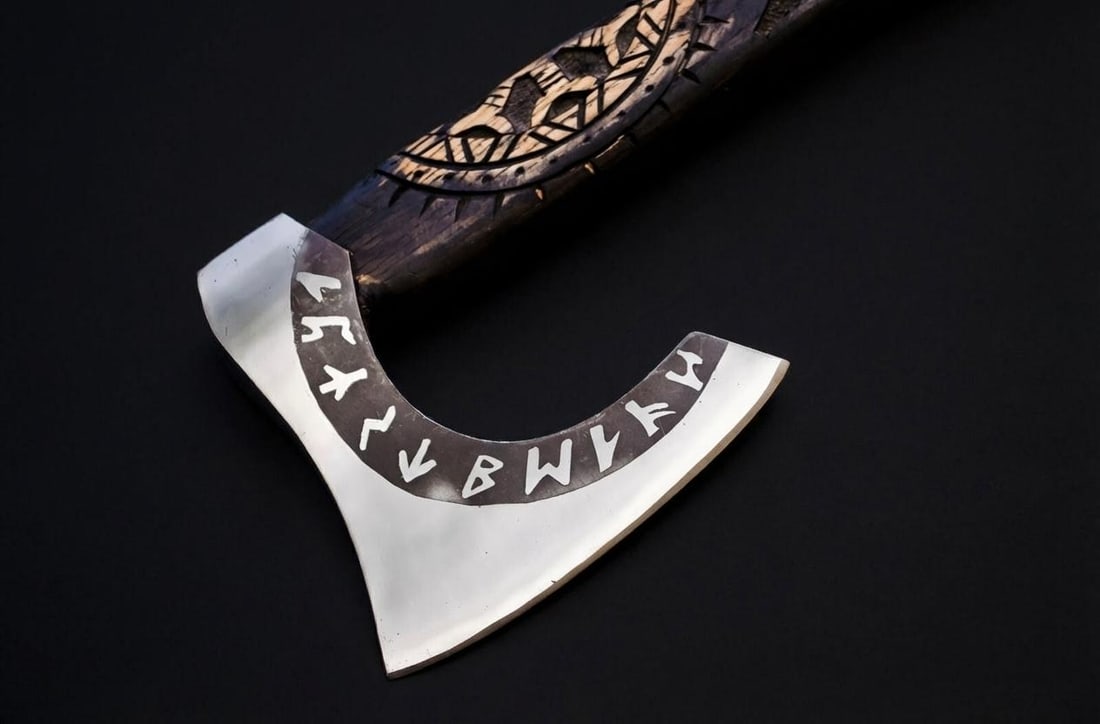 Handmade Carbon Steel Viking Axe Tomahawk w/ Engraved Ash Handle & Leather Sheath - 4