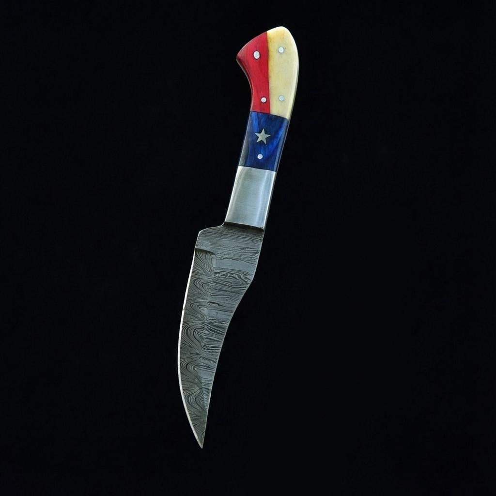 Hand Forged Damascus Steel Hunting Knife 8" with Texas Flag Handle & Leather Sheath: Title:Hand Forged Damascus Steel Hunting Knife 8" with Texas Flag Handle & Leather SheathDescription:This is a hand-forged hunting knife featuring a patterned Damascus steel blade and a handle with a
