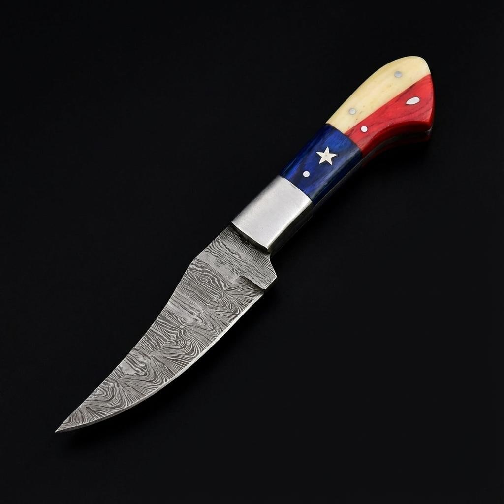 Hand Forged Damascus Steel Hunting Knife 8" with Texas Flag Handle & Leather Sheath - 4