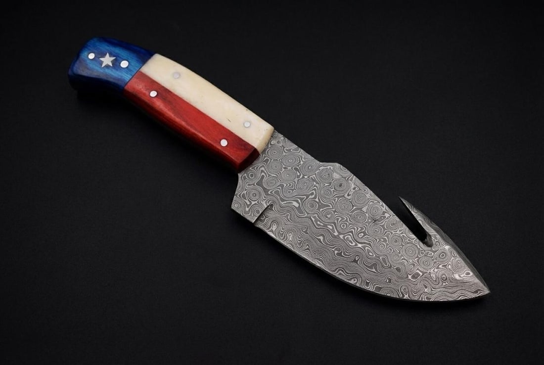Handmade Damascus Steel Gut Hook Hunting Knife 8" Fixed Blade Texas Flag Handle - 2