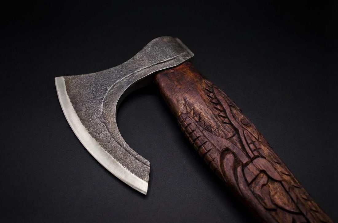 Handmade Carbon Steel Viking Axe Throwing Hatchet with Engraved Ash Wood Handle - 10