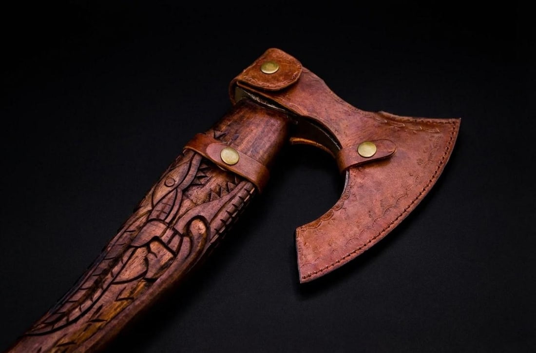 Handmade Carbon Steel Viking Axe Throwing Hatchet with Engraved Ash Wood Handle - 13