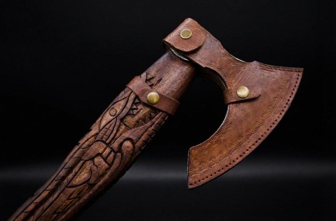 Handmade Carbon Steel Viking Axe Throwing Hatchet with Engraved Ash Wood Handle - 14